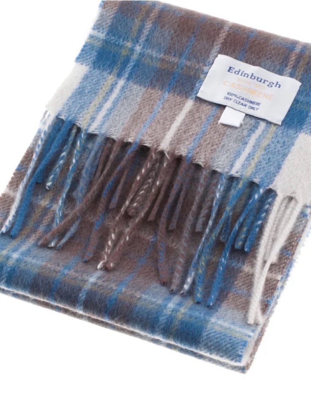 Edinburgh Cashmere Plaid Fringe Scarf Mini in Blue and Taupe
